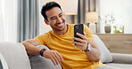 Happy, video call and man in home with phone for connection, social networking and online chat. Relax, weekend and person on smartphone for communication, internet and conversation on mobile app