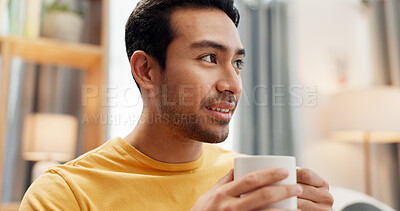 Buy stock photo Thinking, morning and man in home with coffee for reflection, inspiration and wondering in house. Apartment, relax and person with drink, beverage and tea for wellness, calm and thoughtful on sofa