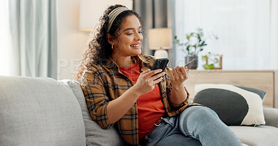 Buy stock photo Card, phone and woman on couch with smile, online shopping and payment in app for discount. Website, ecommerce and customer on internet with fintech, sale and notification for subscription deal 