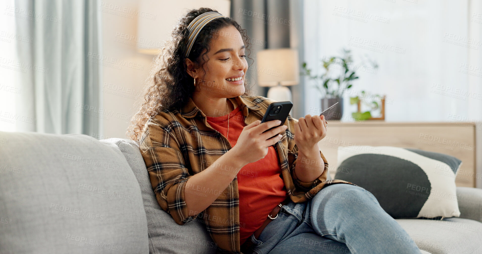 Buy stock photo Card, phone and woman on couch with smile, online shopping and payment in app for discount. Website, ecommerce and customer on internet with fintech, sale and notification for subscription deal 