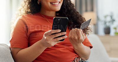 Buy stock photo Phone, credit card and hands of woman in home for online shopping, digital purchase and subscription. Happy, relax and person with debit info on tech for ecommerce, website sale and internet payment