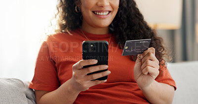 Buy stock photo Phone, credit card and woman in home for online shopping, digital purchase and subscription. Happy, relax and person with debit info on smartphone for ecommerce, website sale and internet payment
