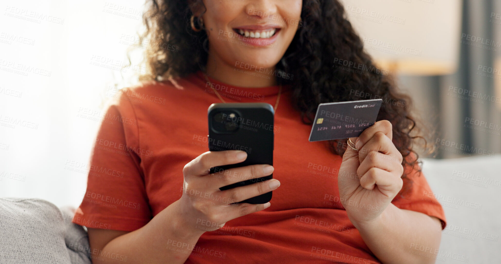 Buy stock photo Phone, credit card and woman in home for online shopping, digital purchase and subscription. Happy, relax and person with debit info on smartphone for ecommerce, website sale and internet payment