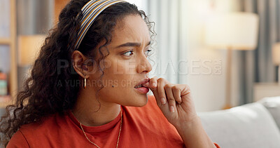 Buy stock photo Anxiety, biting nails and woman with worry, thinking and nervous on sofa in living room with stress. Mental health, fear and student in home frustrated with issue, fail or mistake with tension habit