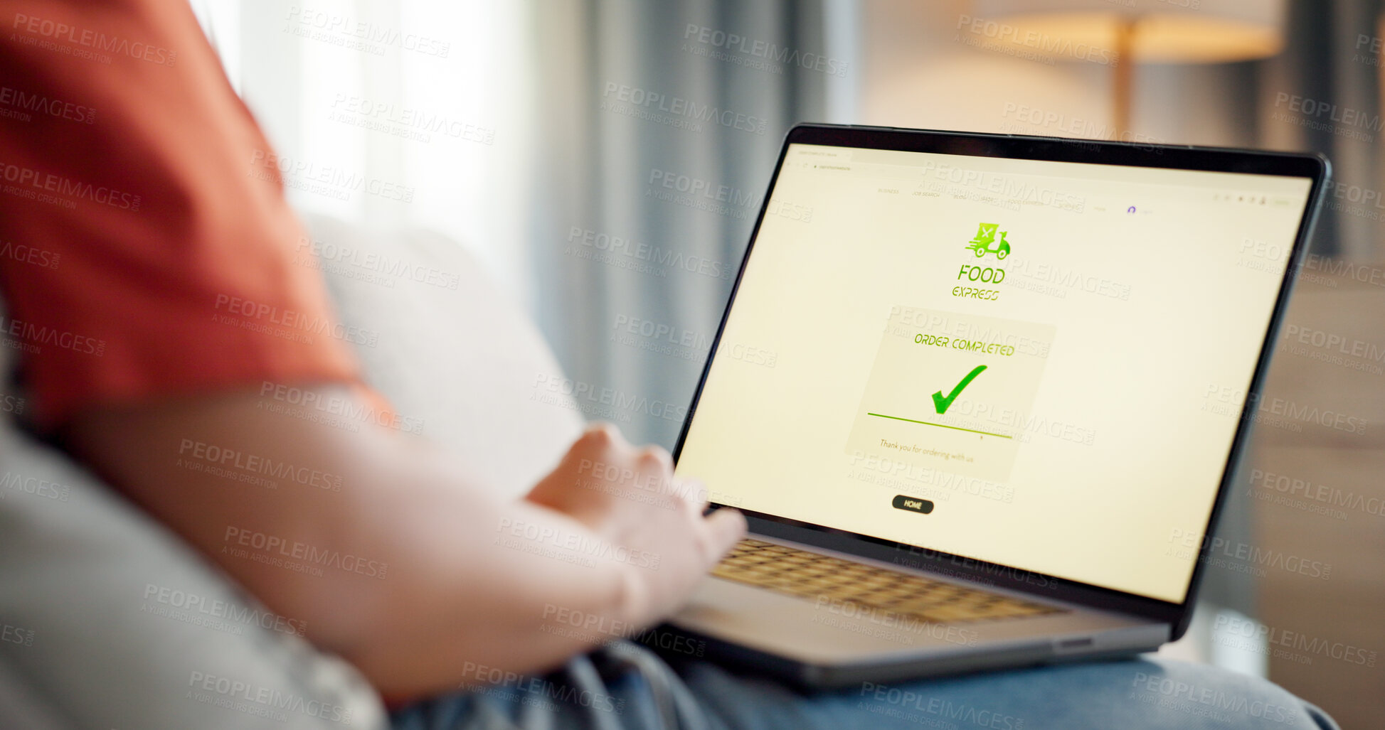 Buy stock photo Hands, sofa and laptop screen for food delivery, restaurant order and online shopping in home. Person, living room and check mark on computer for e commerce, payment and notification for service