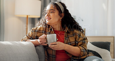 Buy stock photo Thinking, morning and woman in home with coffee for reflection, inspiration and wondering in house. Apartment, relax and person with drink, beverage and tea for wellness, calm and thoughtful on sofa