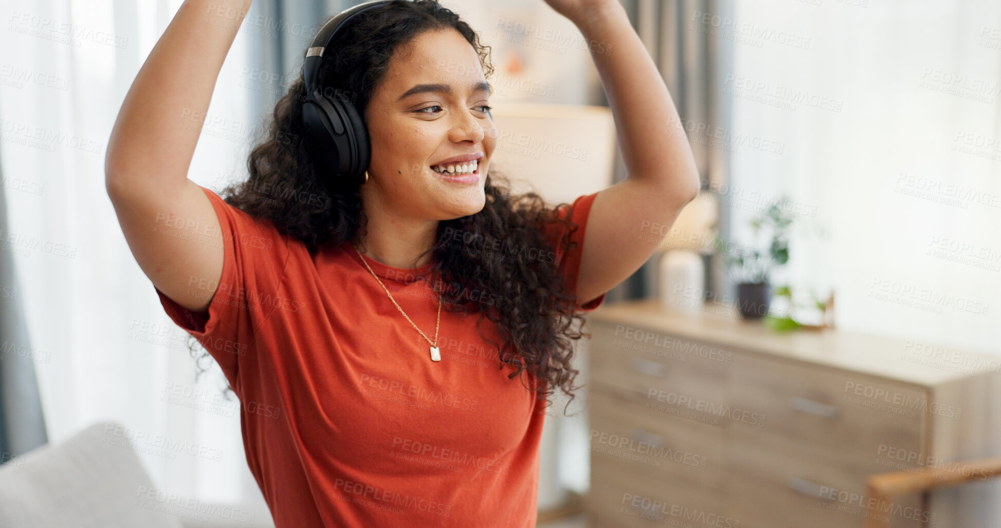 Buy stock photo Headphones, music and dance with woman in house for streaming service, audio app or connection. Online song album, radio subscription and energy with person in living room of home for sound and break