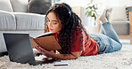 Woman, student and relax with notebook at house for education, study notes and planning. Female person, laptop and journal for learning, information and scholarship reminder with university schedule