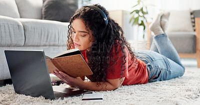 Buy stock photo Woman, student and relax with notebook at house for education, study notes and planning. Female person, laptop and journal for learning, information and scholarship reminder with university schedule