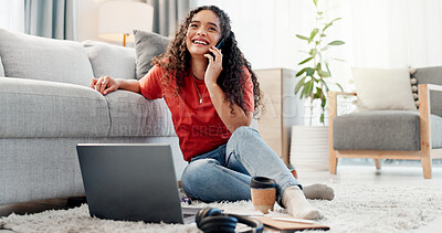 Buy stock photo Woman, phone call and student on floor in home, happy and contact with chat, listen or gossip in lounge. Girl, smartphone and smile with conversation, funny story or laugh at joke in living room