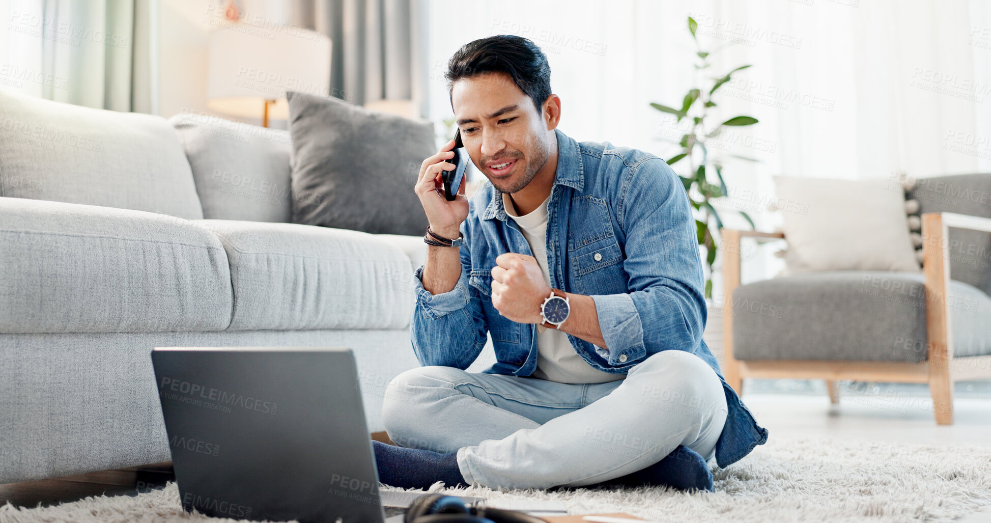 Buy stock photo Phone call, laptop and man on floor with fist pump, good news and promotion for freelance job. Networking, communication and person on tech for planning, online conversation and discussion in house