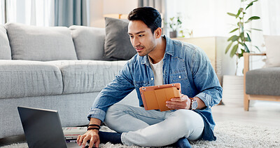 Buy stock photo Man, relax and typing on laptop at house for research, review article and editing draft. Journalist, freelancer and tablet with pc for proofreading, story headline and editor feedback on publication 