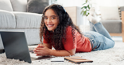 Buy stock photo Portrait, woman and student with smile at house for education, study notes and planning course. Female person, laptop and notebook for learning, scholarship and assignment with university schedule