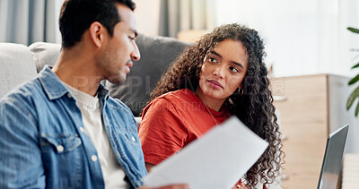 Buy stock photo Serious, couple and talking with document at house for finance planning, payment error and bankruptcy. People, listening and laptop for loan paperwork, budget mistake and worry for home repossession