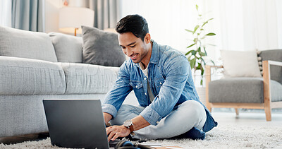 Buy stock photo Man, remote work and typing on laptop at house for research, review article and editing draft. Journalist, freelancer and pc for proofreading, story headline and editor feedback for publication 