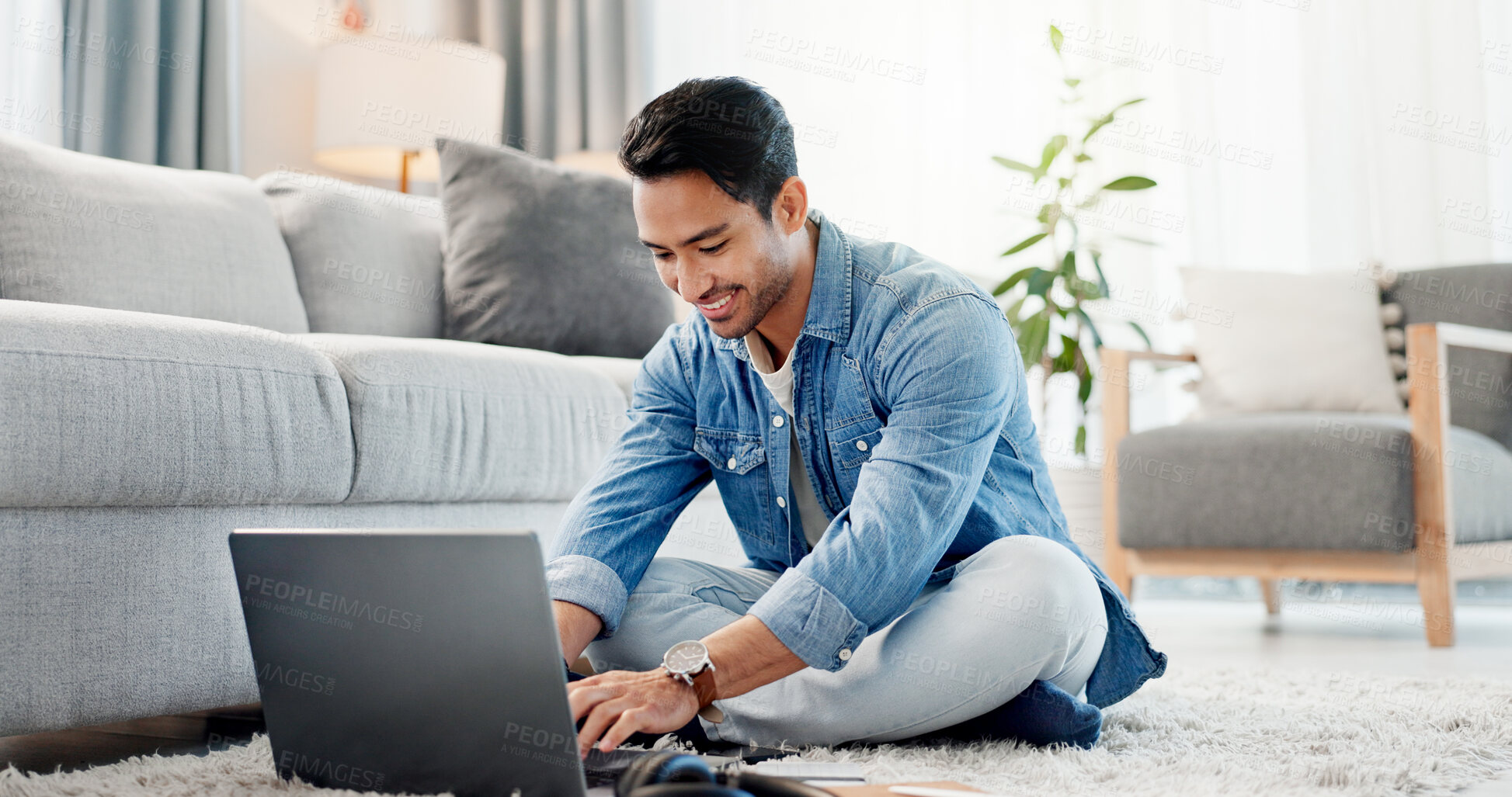 Buy stock photo Man, remote work and typing on laptop at house for research, review article and editing draft. Journalist, freelancer and pc for proofreading, story headline and editor feedback for publication 