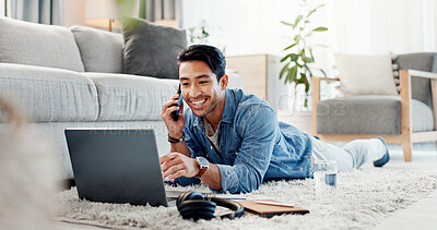 Buy stock photo Man, phone call and happy on floor with laptop, contact and remote work from home, deal and notification. Person, freelance writer and smartphone with computer, conversation and smile for good news