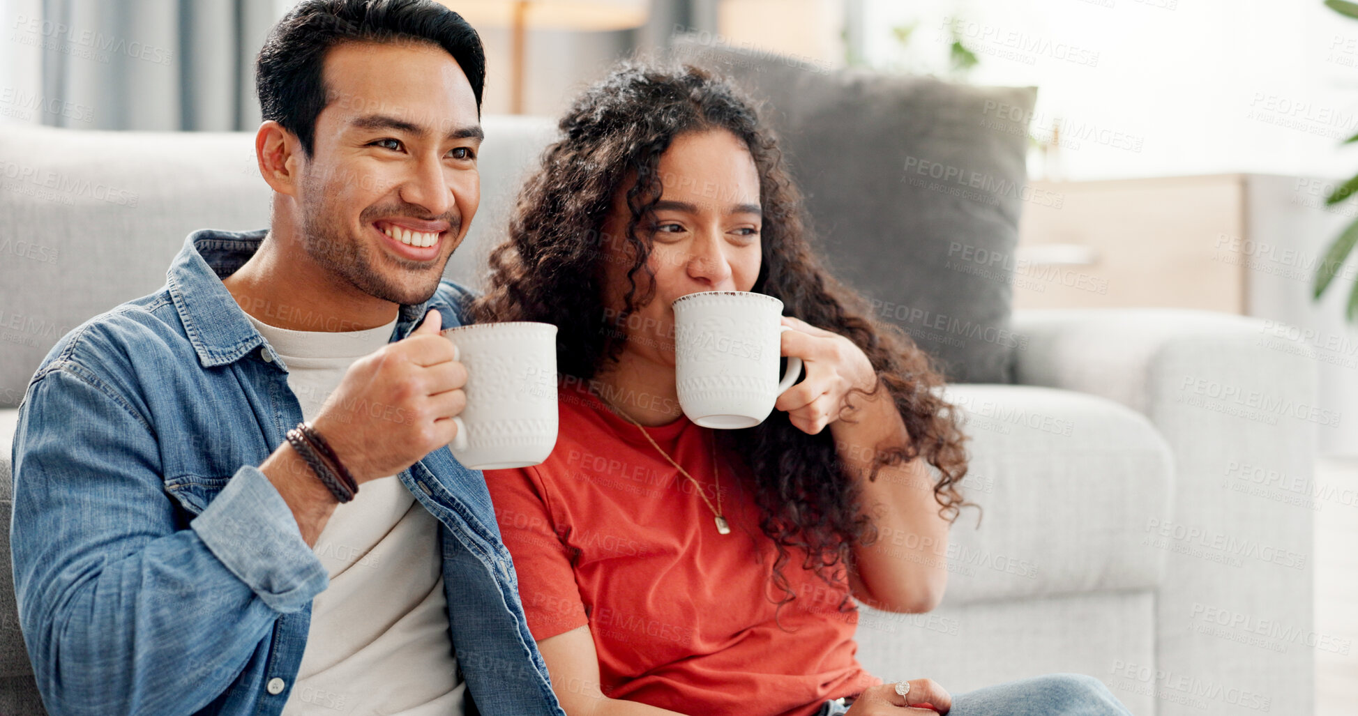 Buy stock photo Happy, sofa and couple in home with coffee for bonding, connection and relationship on weekend. Dating, apartment and man with woman with drink, beverage and rest for love, conversation and romance