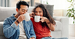 Relax, happy and couple with coffee in home for bonding, connection and relationship on weekend. Dating, apartment and man with woman with drink, beverage and rest for love, conversation and romance
