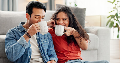 Buy stock photo Relax, happy and couple with coffee in home for bonding, connection and relationship on weekend. Dating, apartment and man with woman with drink, beverage and rest for love, conversation and romance