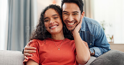 Buy stock photo Home, portrait and couple with smile, love and bonding together in living room. Relationship, apartment and happy man with woman, marriage or romance with comfort, care or relax with support or trust