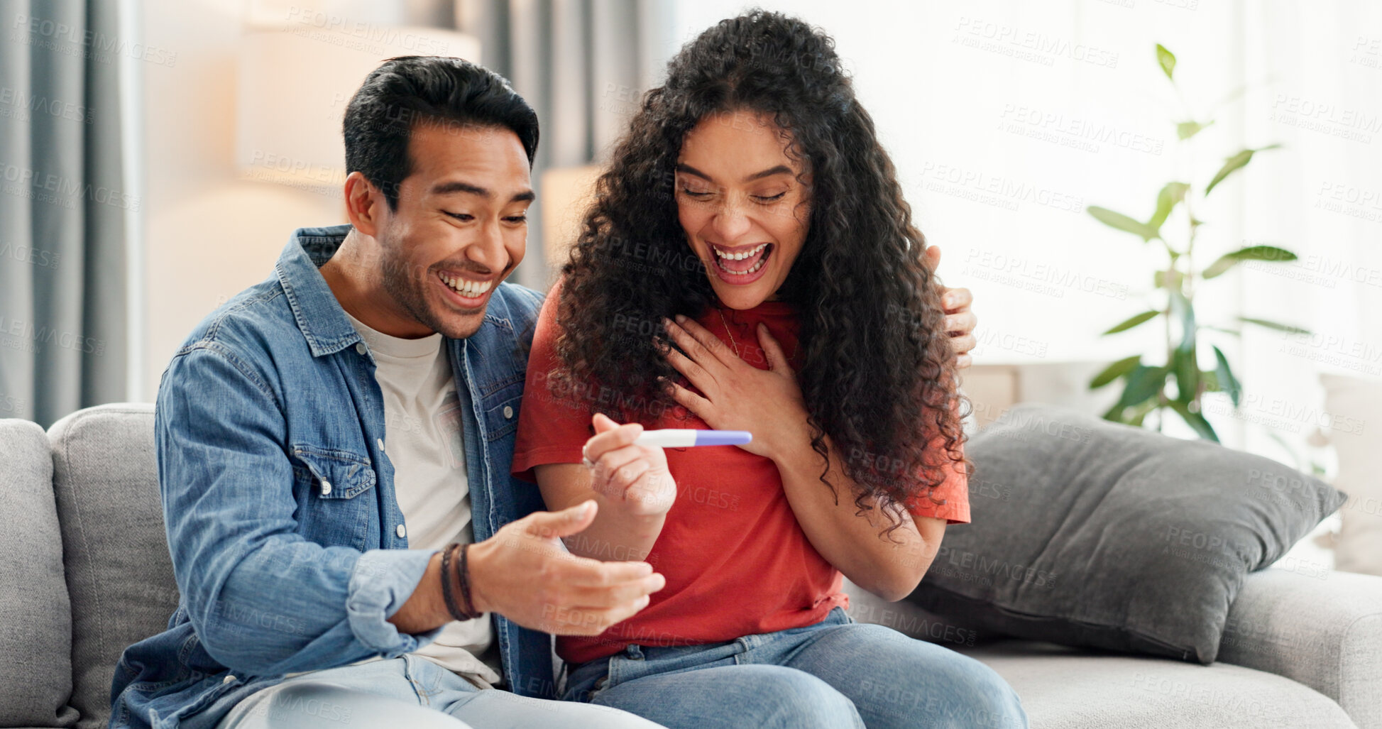 Buy stock photo Pregnancy test, home and couple on sofa excited for fertility success, results and parenting news. Relationship, pregnant and happy man with woman with medical kit for ivf treatment or ovulation