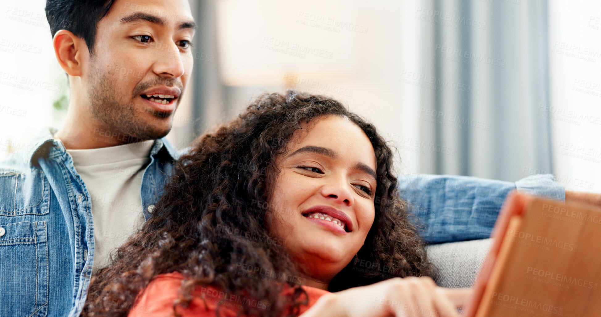 Buy stock photo Couple, relax and smile with tablet on sofa for website browsing, online shopping or app sign up. Bonding, people and happy with tech in home for streaming subscription, social media or weekend break