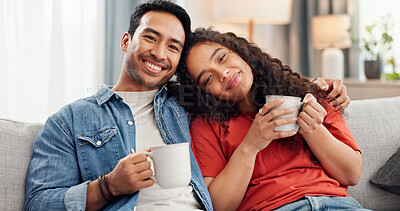 Buy stock photo Happy, coffee and portrait of couple on sofa in home with relax, calm or peaceful morning together. Smile, cappuccino and man with woman for hug, bonding or connection in marriage in living room.