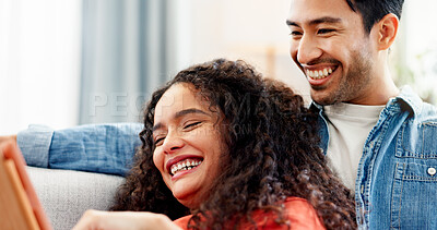 Buy stock photo Couple, relax or laughing with tablet on sofa for social media meme, funny video or online browsing. Bonding, people or happy with tech in home for internet joke, streaming subscription or connection