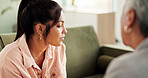Psychology, women and consultation with anxiety, mental health and stress with support. People, client and therapist with discussion, advice and help with ptsd, trauma counseling and depression