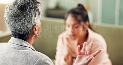 Buy stock photo Psychologist, women and consultation with depression, sad and conversation with support. Stress, client and therapist with advice, mental health and back with ptsd, trauma counseling and anxiety