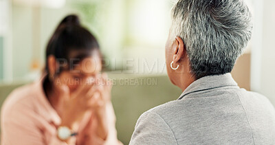 Buy stock photo Psychologist, women and consultation with mental health, sad and trauma support in office. Back, patient crying and therapist with conversation, advice and help with ptsd, counseling and anxiety