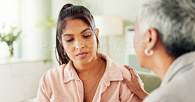 Buy stock photo Psychologist, support and woman with depression, consultation and help. Counseling session, therapist and comfort sad patient with trauma, PTSD and chat for mental health advice in psychology office