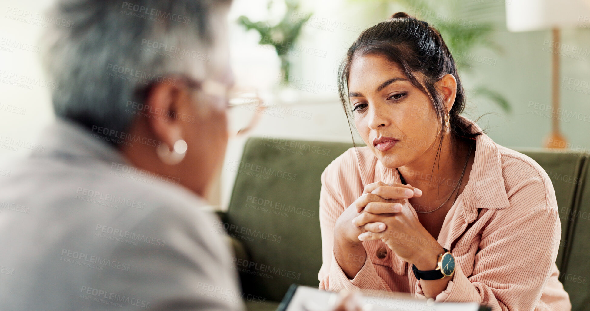 Buy stock photo Psychologist, therapy and woman in consultation for help, psychology or assessment in office. Counseling session, therapist or sad patient with trauma, stress or conversation for mental health advice