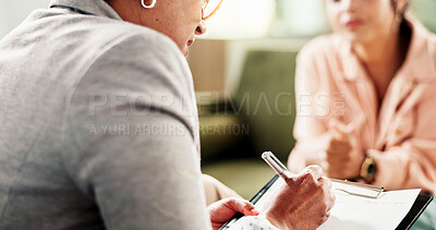 Buy stock photo Psychology, clipboard and women with counseling, writing and review trauma with depression. Psychologist, people and therapist with notes, support client and diagnosis with stress and information