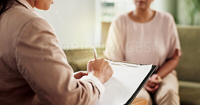 Buy stock photo Psychology, clipboard and women with therapy, writing and review trauma with diagnosis. Psychologist, counseling and information with notes, support client and depression with stress and questions