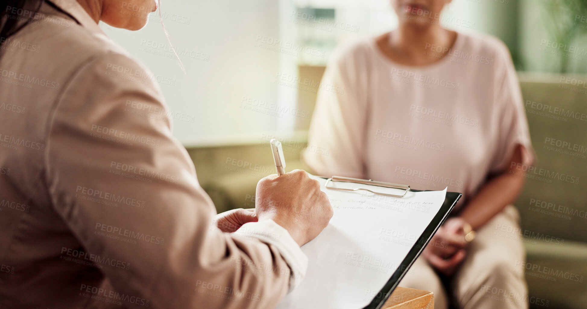 Buy stock photo Psychology, clipboard and women with therapy, writing and review trauma with diagnosis. Psychologist, counseling and information with notes, support client and depression with stress and questions