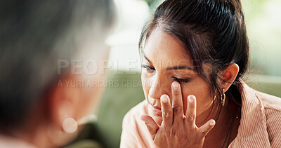 Buy stock photo Crying, counseling and tears with women at therapist office for mental health, depression or help. Psychologist, grief recovery and trauma with people  in clinic for support, sad and therapy