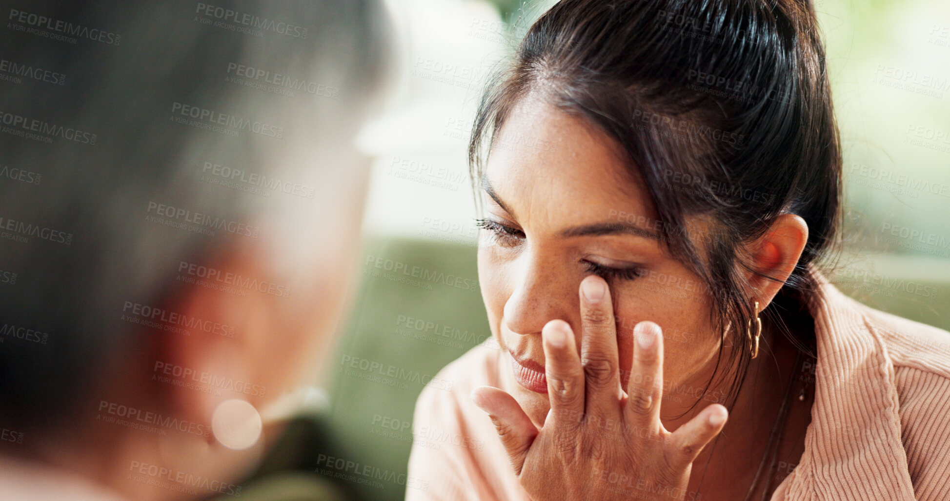 Buy stock photo Crying, counseling and tears with women at therapist office for mental health, depression or help. Psychologist, grief recovery and trauma with people  in clinic for support, sad and therapy