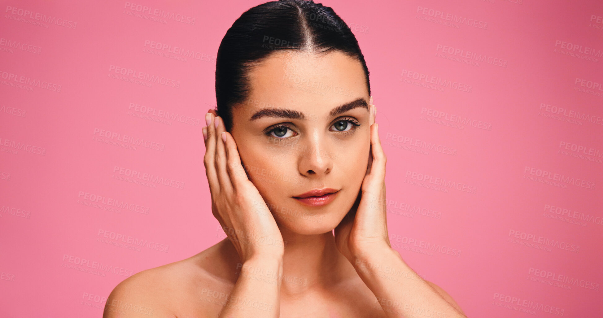 Buy stock photo Skincare, glow and portrait of woman in studio with natural, cosmetics or facial beauty. Serious, mockup space and female person from Brazil with face dermatology for wellness by pink background.