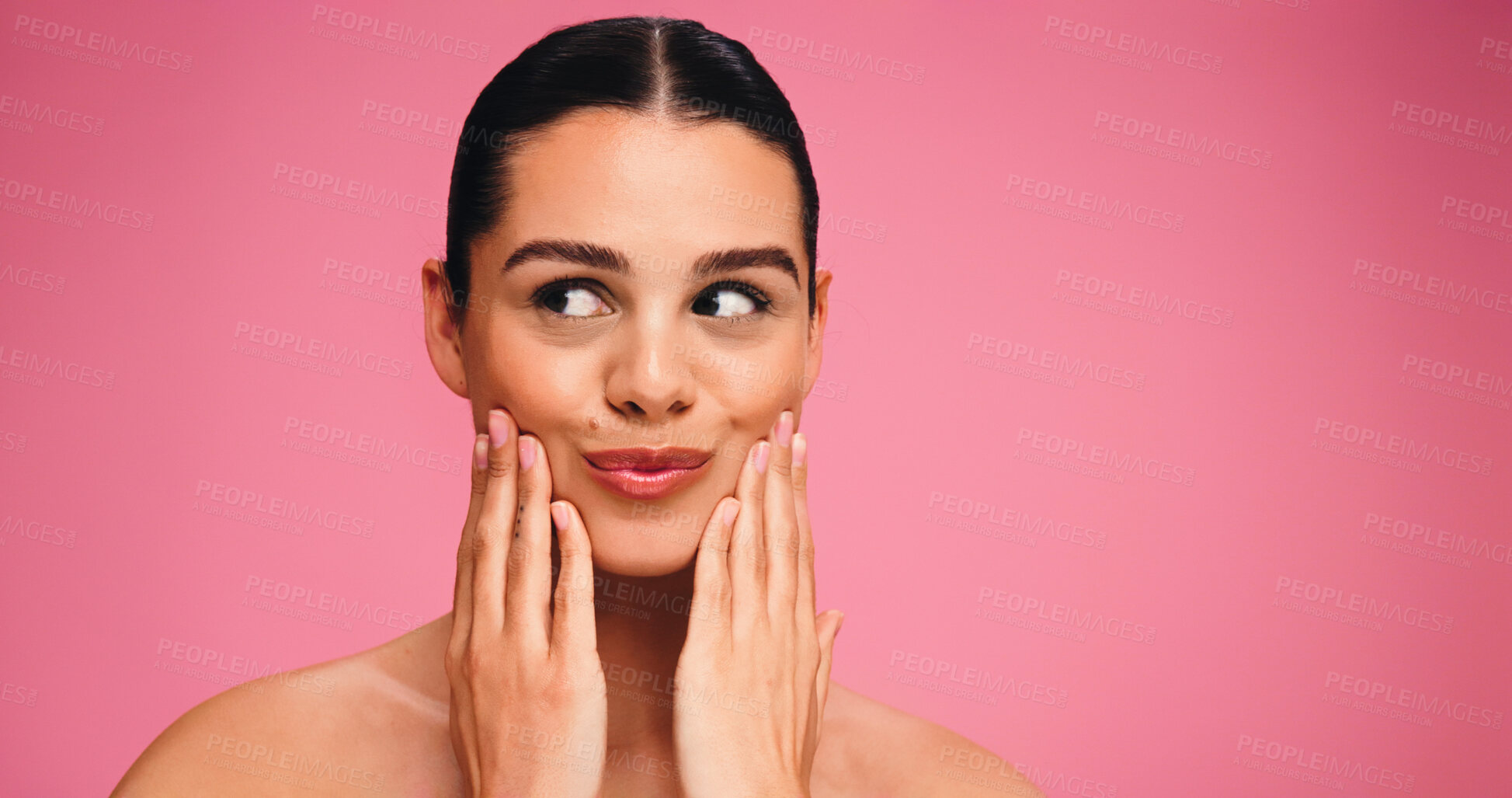 Buy stock photo Woman, thinking and skincare with smile in studio, results and natural makeup with glow on pink background. Girl, model and happy with reflection, mockup space and cosmetics with touch for beauty