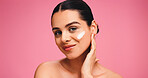 Skincare, moisturizer and portrait of woman in studio with natural, cosmetics or facial glow. Face cream, beauty and female person from Brazil with face dermatology for wellness by pink background