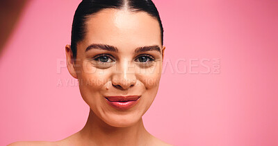 Buy stock photo Portrait, selfie and woman in studio for skincare, beauty and glow on pink background mockup space. Photo, smile or model with cosmetics for lipstick makeup, face or influencer with social media POV