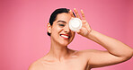 Woman, portrait and skincare cream in studio, smile and pride with collagen on pink background. Girl, model and happy with lotion, mockup space and natural cosmetics product for beauty in Portugal