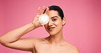 Skincare, face cream and portrait of woman in studio with natural, cosmetics or facial glow. Moisturizer, confident and female person from Brazil with face dermatology for wellness by pink background