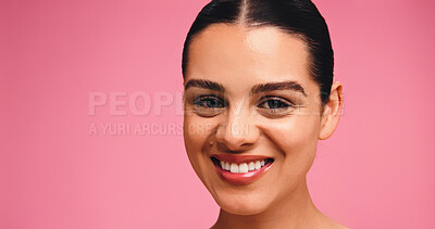 Buy stock photo Woman, portrait and skincare with smile in studio, results and natural makeup with glow on pink background. Girl, model and happy with confidence, mockup space and cosmetics for beauty in Portugal