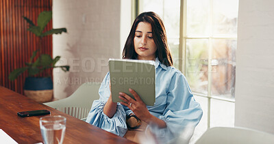 Buy stock photo Tablet, reading and research with business woman in office for social media marketing, campaign and report. Planning, branding and email newsletter with person in creative agency for feedback