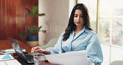 Buy stock photo Laptop, document or business woman in office with graphs for investment analytics, review or stats. Computer, financial advisor or reading paperwork with chart for budget, risk management or analysis