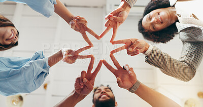 Buy stock photo Hands, star fingers and team at office with low angle, support or synergy in circle at startup. People, group and sun sign at workplace for celebration, success or collaboration at creative agency