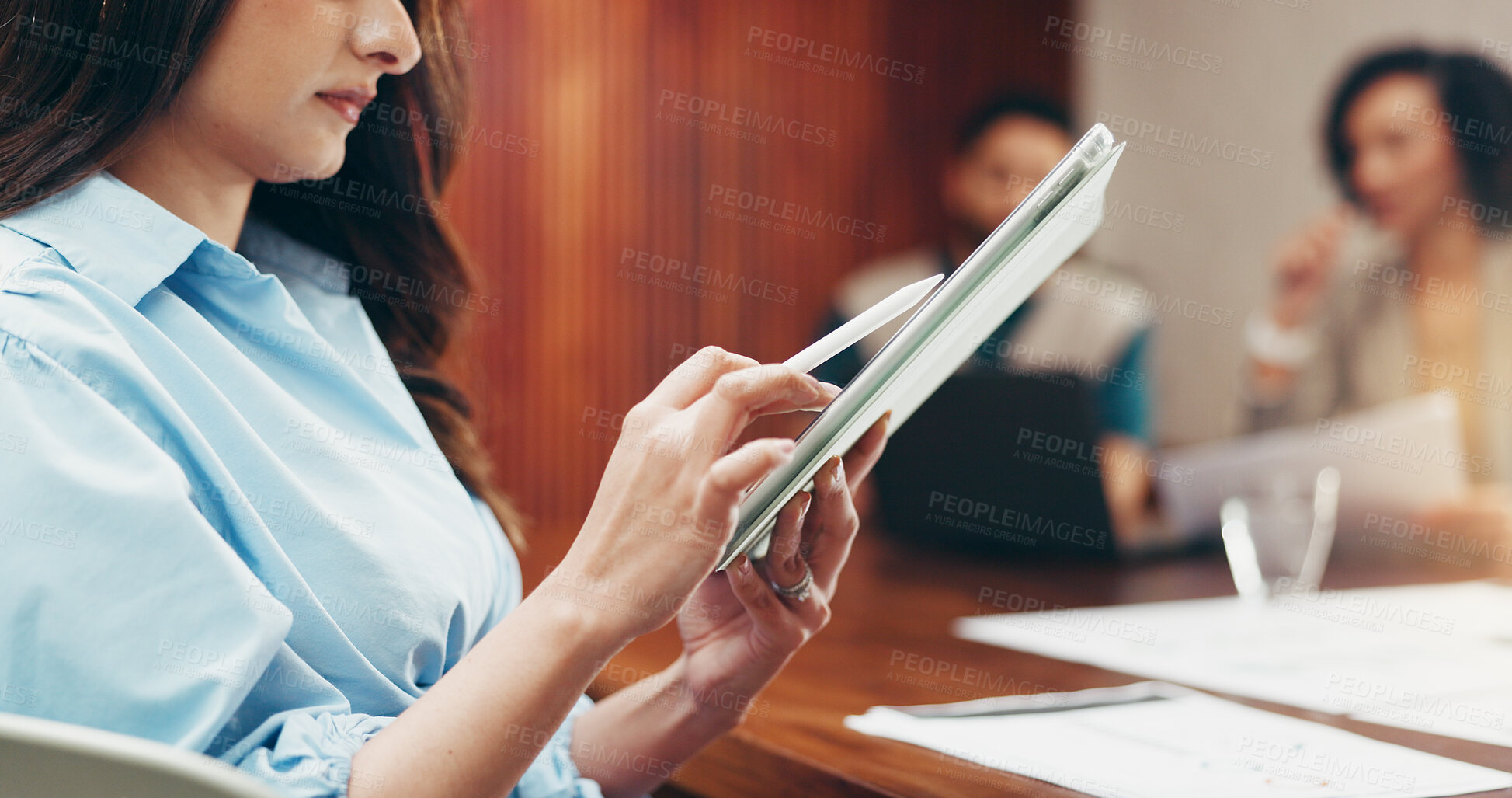 Buy stock photo Meeting, tablet and business woman in office for planning, project research and report. Startup, creative team and worker with stylus on digital tech for online proposal, website review and feedback